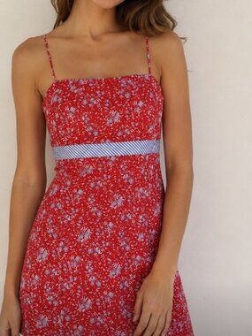 Ann Taylor Sundress Red/Blue Tropical Floral Spaghetti Strap Short Knee Length 8